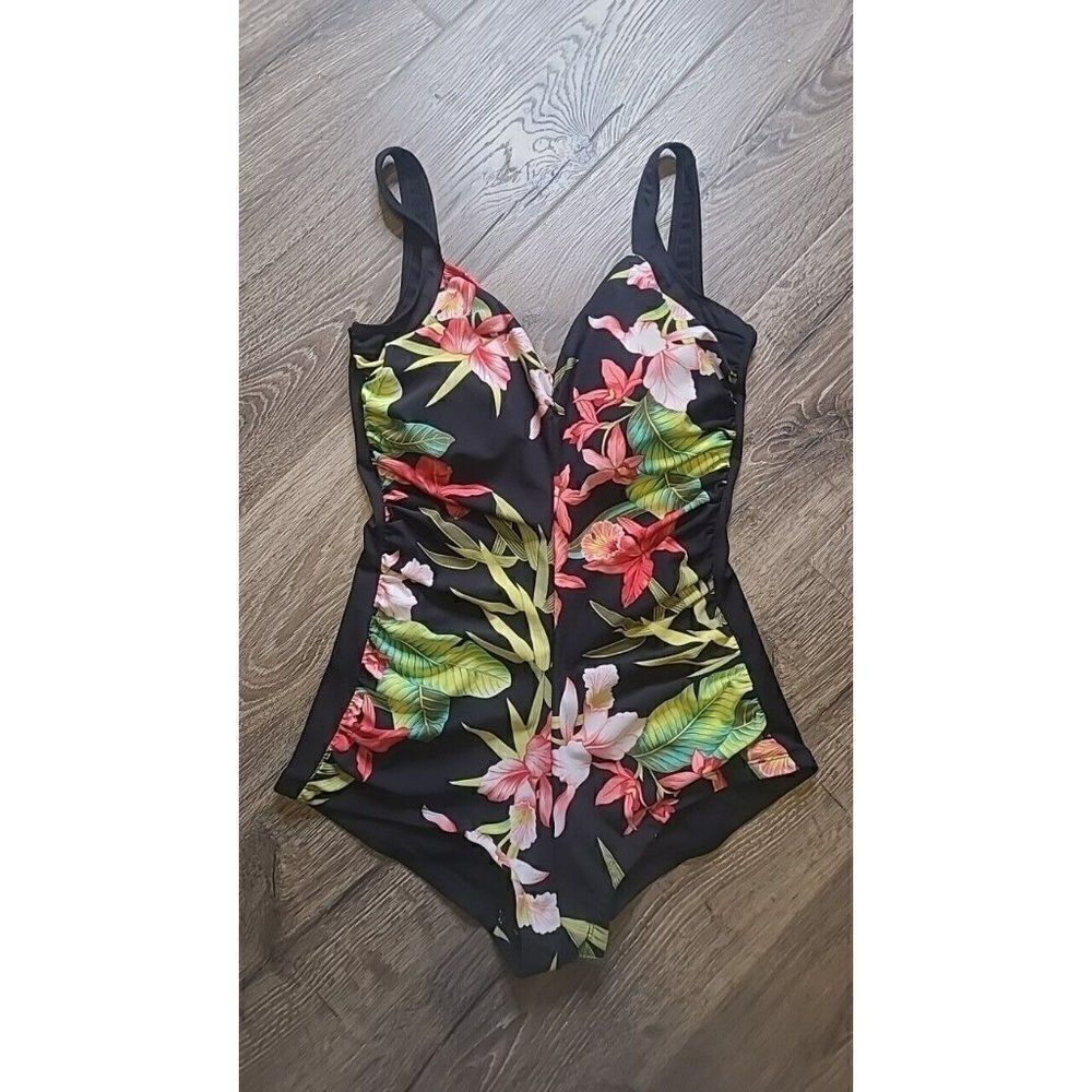 Vintage Gabar Womens One Piece Swimsuit Floral Ruched Front Size 14